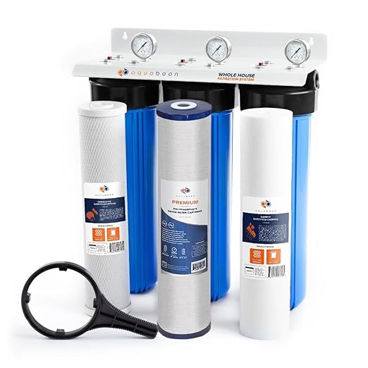 Aquaboon Whole House Water Filter System for Well Water - w/ 5 Micron Water Filter 20"x4.5" Sediment, Anti-Scale, CTO Filters - White Coated Bracket, Wrench & Pressure Gauge & Release Button (1" Port)