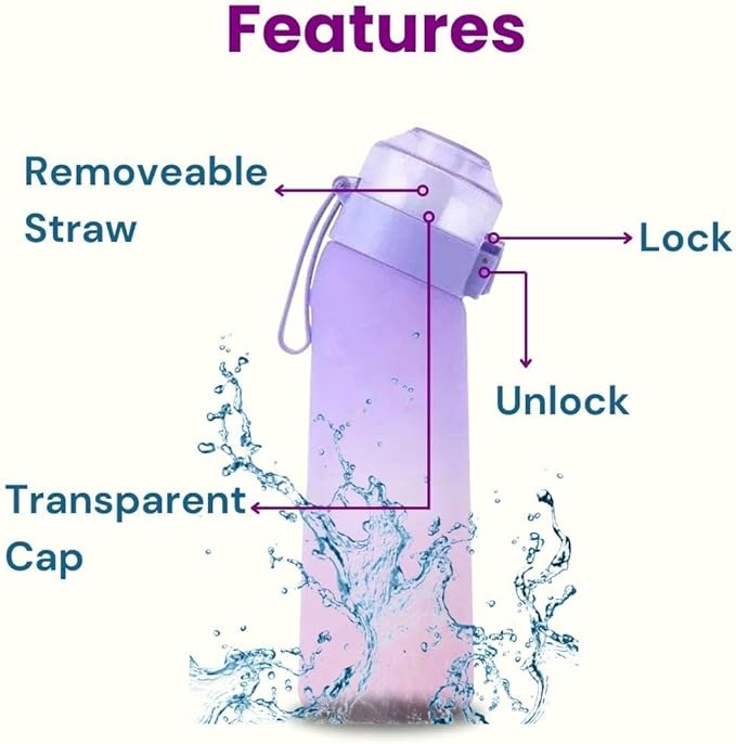 650ml Air Water Bottle with 7 Flavour Pods | BPA Free, Scented, 0 Sugar, 0 Calorie, Sports Water Bottles | Drinking Fruit Fragrance Cup for Fitness, Outdoor, Gym | Starter set… (Purple Pink)