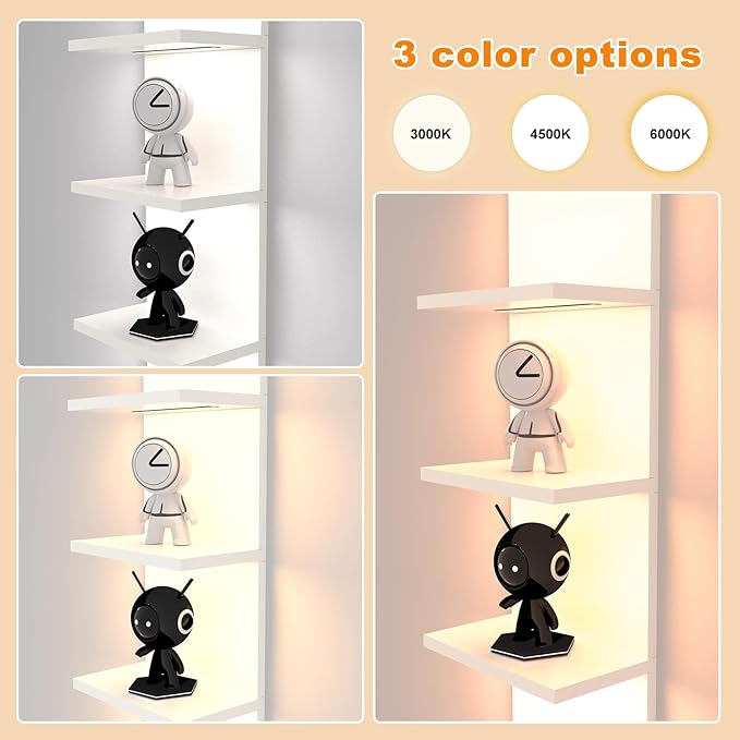 5 Tier Wall Shelf with Light, White Modern Vertical Lack Wall Shelves, Wall Mount, Floating Column Home Decor Shelves for Bedroom, Living Room, Vanity Storage Display