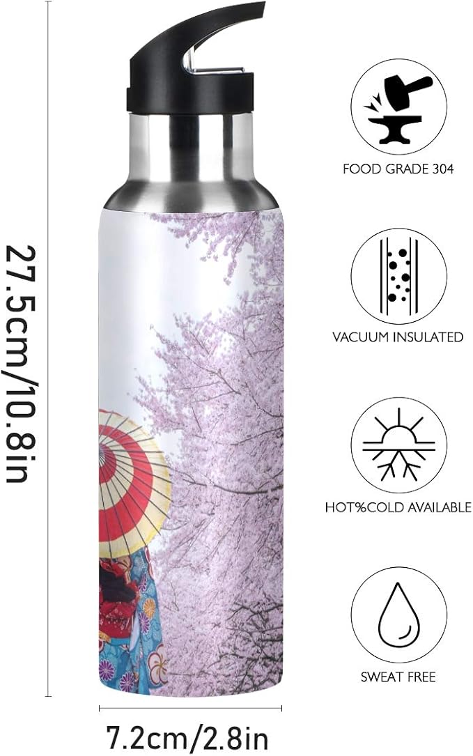 Blueangle Insulated Stainless Steel Water Bottle - Asian Kimono Cherry Blossom - 22 oz Water Bottles Keeps Hot and Cold - Sports Water Bottle Great for Hiking & Biking