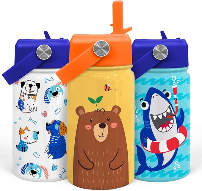 Bear Water Bottle - Kids Water Bottle with Straw Lid - 12 Oz Insulated Stainless Steel Water Bottles for Toddlers Kid Boys - Travel Cup for School Sports