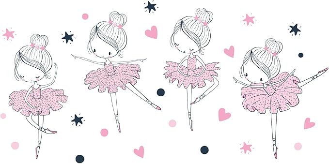 4 Cute Ballerina Ballet Dancers Wall Decals for Girls Bedroom Large Removable Wall Stickers for Classroom Pink and Black Wall Murals Peel and Stick Vinyl Kids Room Decor for Living Room Nursery