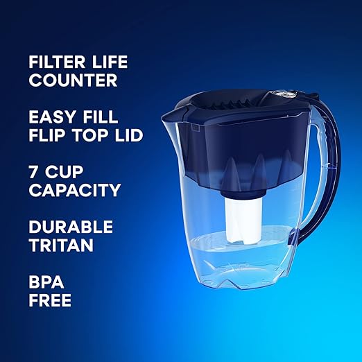 AQUAPHOR Ideal 7-Cup Water Filter Pitcher - Dark Blue with 3 x B15 Filters - Fits in The Fridge Door - Reduces Limescale and Chlorine - Ideal for Seven Cups