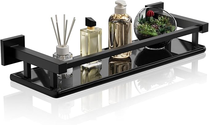 Alise Bathroom Glass Shelf with Stainless Steel Railing, Matte Black Small Tempered Glass Floating Wall Shelf Over The Toilet, 16 inch