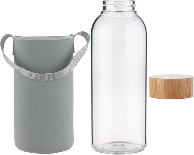 48 oz Sports Borosilicate Glass Water Bottle with Bamboo Lid with Neoprene Sleeve