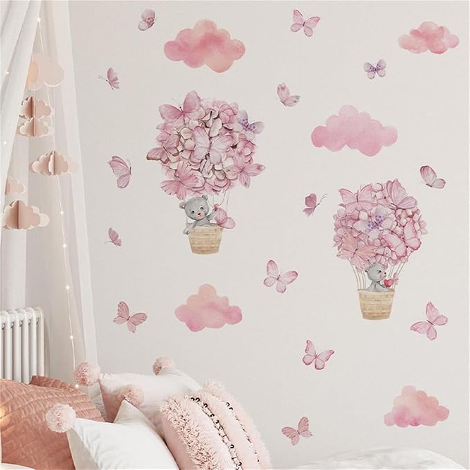 Bear Flower Butterfly Pink Clouds Wall Stickers for Girls Room Hot Air Balloon Baby Nursery Decor Wall Decal