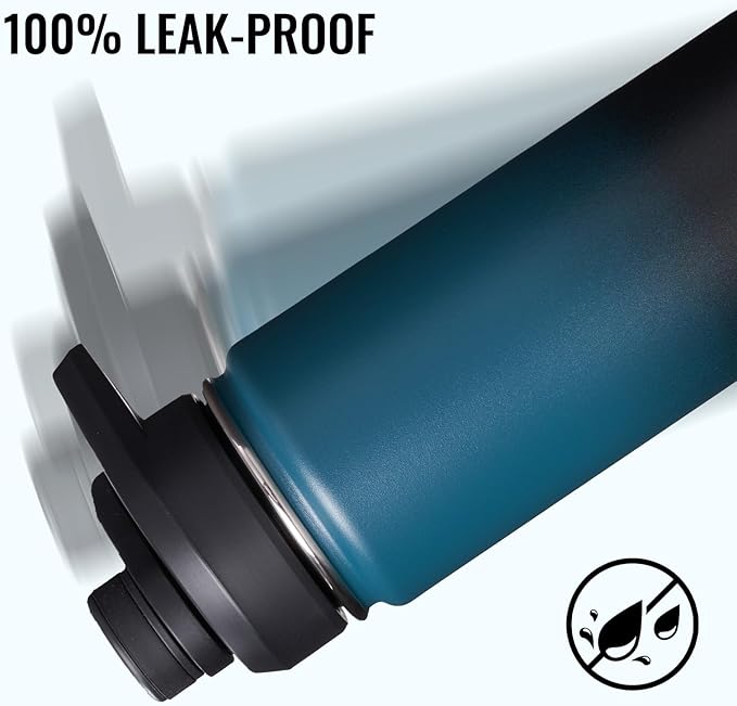 24oz Insulated Water Bottle with Handle, Stainless Steel Water Bottles with Wide Mouth, Double Wall Vacuum Sports Water Bottle, BPA Free, Keep Cold and Hot, Blue&Black