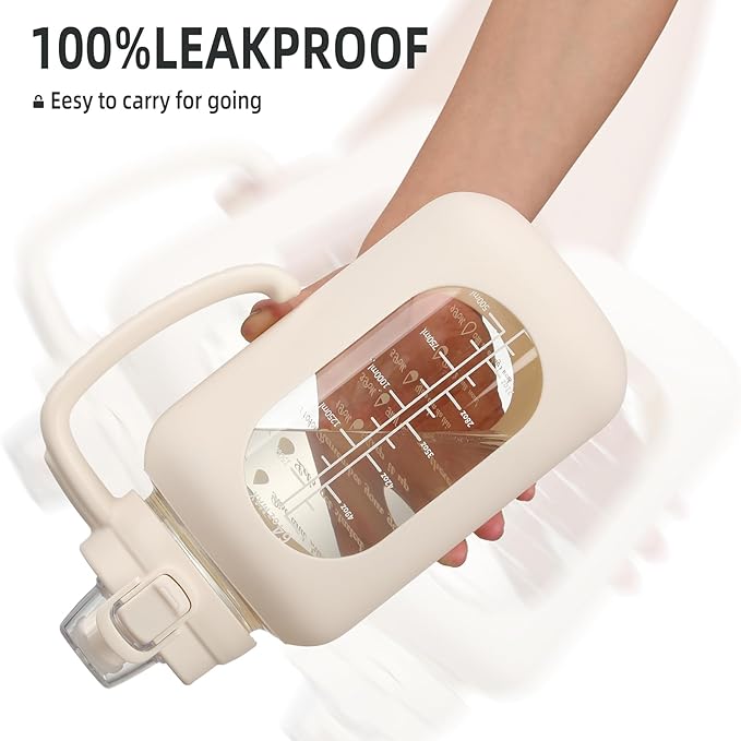 64 oz Glass Water Bolttles Half Gallon Large Motivational Water Bottle with Time Marker Sports Water Bottles with Silicone Sleeve and Handle Lid Water Jug for Gym Workout-1 Pack