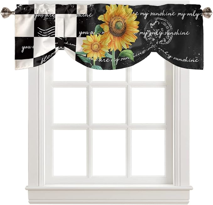 Buffalo Plaid Blackout Tie Up Valance Curtains for Kitchen Windows Farmhouse Sunflower Window Toppers Balloon Shades for Living Room/Bathroom/Bedroom,1 Panel,42" X 12" Autumal Wild Flower
