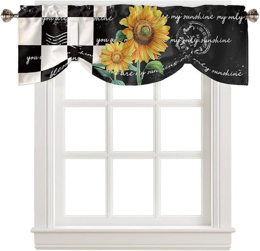 Buffalo Plaid Blackout Tie Up Valance Curtains for Kitchen Windows Farmhouse Sunflower Window Toppers Balloon Shades for Living Room/Bathroom/Bedroom,1 Panel,42" X 12" Autumal Wild Flower