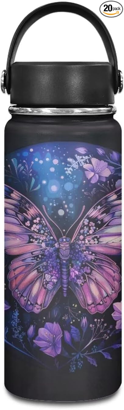 Butterfly Water Bottles Stainless Steel Wide Mouth Vacuum Insulated Thermos Leakproof Canteen Keep Cold,20 Oz