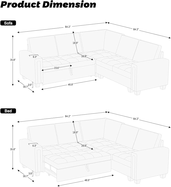 Belffin Modular Sectional Sleeper Sofa with Pull Out Couch Bed Velvet Convertible L Shaped Sectional Couch for Living Room Apartment Grey