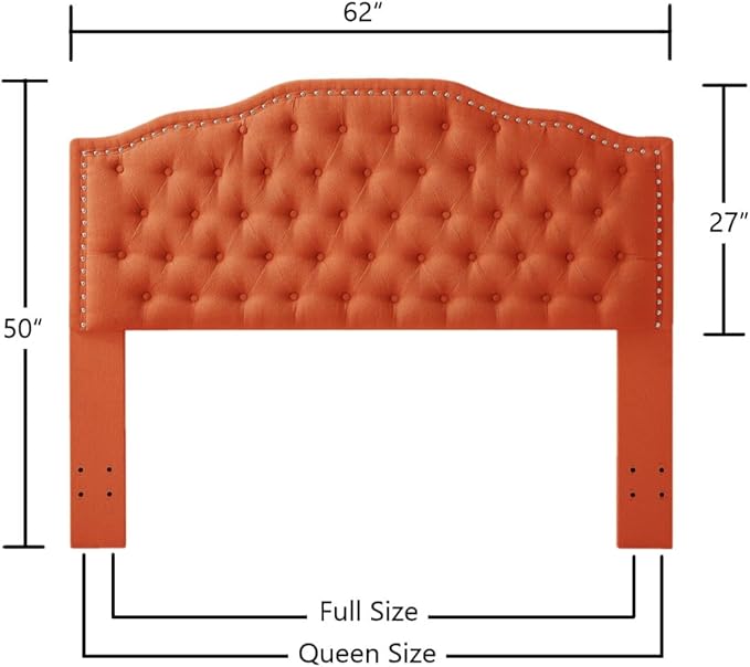 24KF Upholstered Button Tufted Queen Headboard with Nailhead Trim, Elegant Boucle Fabric Full headboard, 6031-Q-Boucle-Orange
