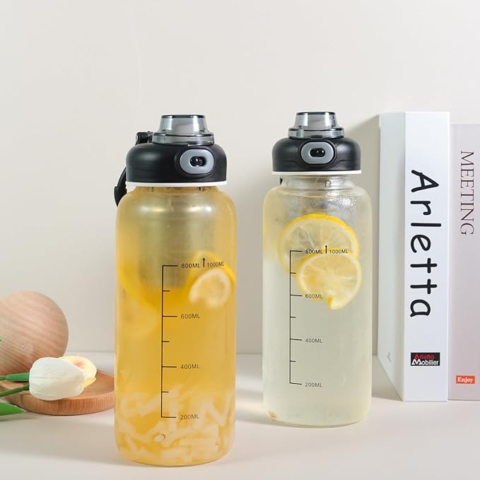 Borosilicate Glass drinking bottles,With Capacity Marker Water Bottle, 34oz Capacity, With Leak-Proof Lid, Stainless Steel Tea Strainer, BPA-Free For hot or cold drinks, coffee, tea and water