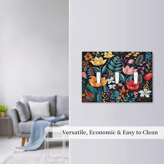 Boho Floral Vintage Flower Leaves Rustic Wildflower Plants 3 Gang Light Switch Covers Triple Toggle Wall Plate Decorative Switchplate Electrical Faceplate for Country Bathroom Bedroom Kitchen Decor