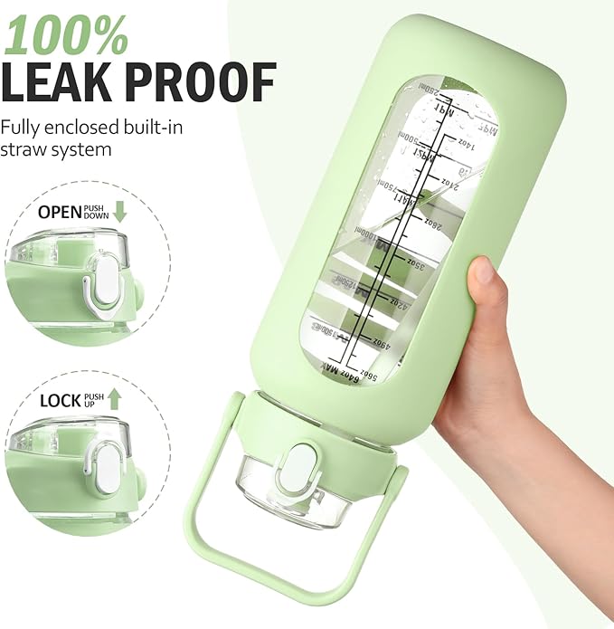 64 oz Glass Water Bottle with Straw and 2 Lids, Half Gallon Water Bottle with Sleeve, Large Insulated 2 Liter Glass Water Jug Time Marker with Handle - Green