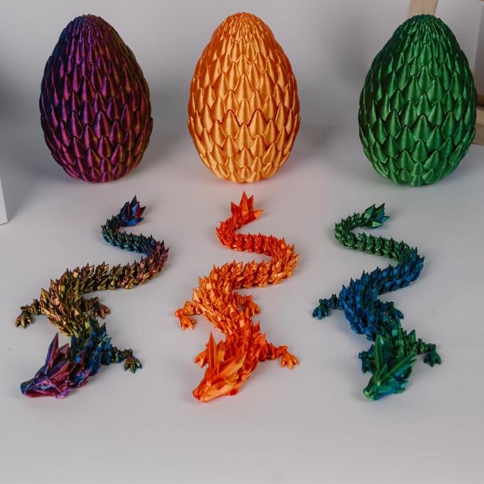 3PCS 3D Printed 12” Articulated Crystal Dragon Inside 5.1” Egg – Fantasy Collectible, Fidget Toy & Stocking Easter Basket Stuffers for Home & Office Decor (3PCS-Egg)