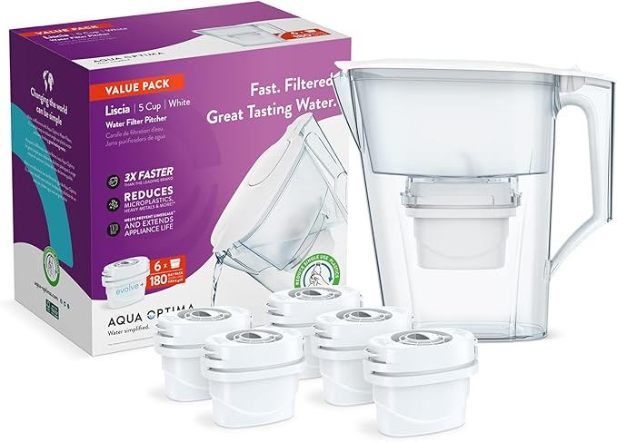 Aqua Optima 5-Cup Water Filter Pitcher Bundle Pack for Tap and Drinking Water with 6 Evolve+ Filter, Reduces Microplastics, Improves Taste, BPA Free, WQA Certified, Liscia Design (White)