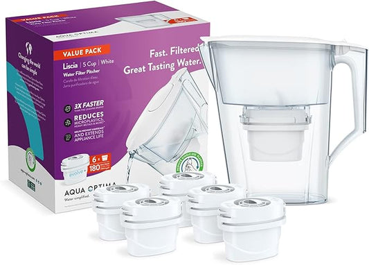 Aqua Optima 5-Cup Water Filter Pitcher Bundle Pack for Tap and Drinking Water with 6 Evolve+ Filter, Reduces Microplastics, Improves Taste, BPA Free, WQA Certified, Liscia Design (White)