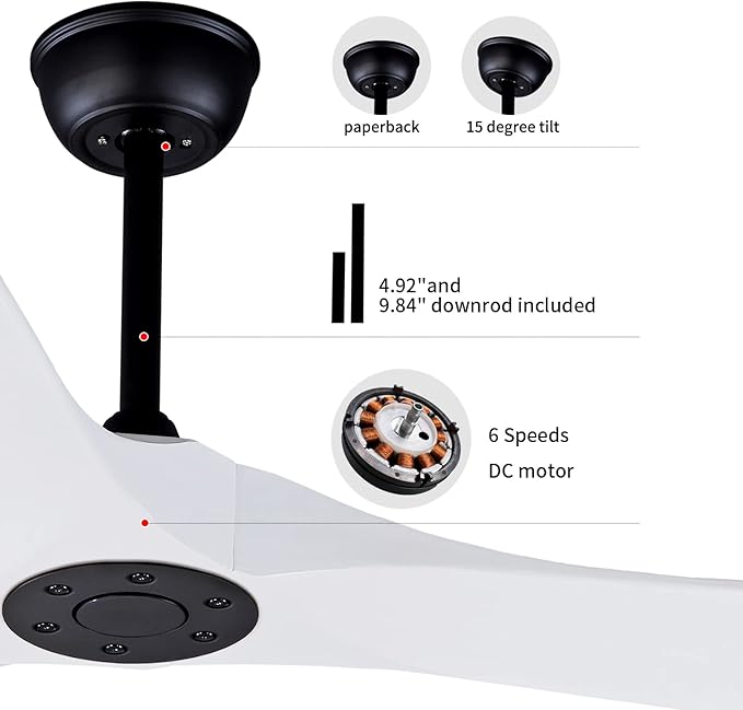 Bigzone 52" Outdoor/Indoor Ceiling Fan With Remote Control, DC Motor Quiet Energy Saving,3 White Balsa Wood Blades,Wood Ceiling Fan With Reversible Blades
