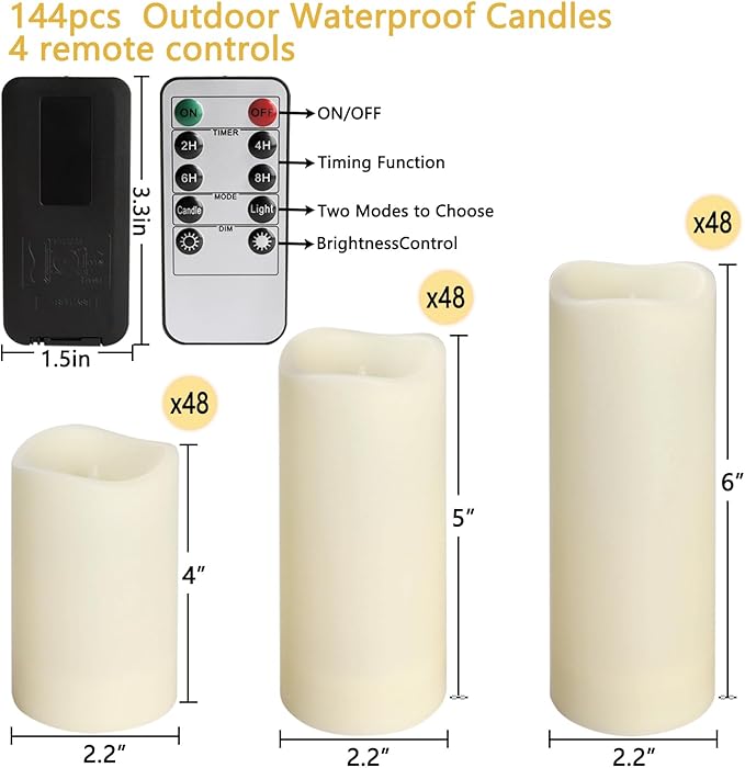 144-Pack LED Flameless Candles with Remote Control for Home and Special Occasions (Three Sizes)