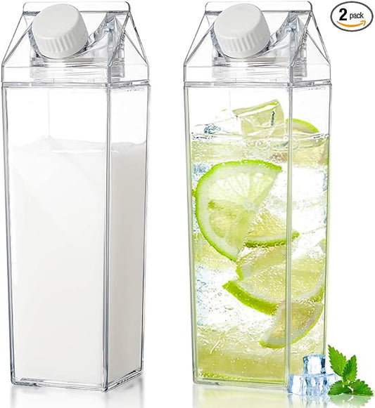 2 Pack 17oz Milk Carton Water Bottle, Reusable Square Plastic Milk Bottles, Portable Clear Milk Carton Container, Leakproof Coffee Juice Tea Jug for Outdoor Sports Travel Camping