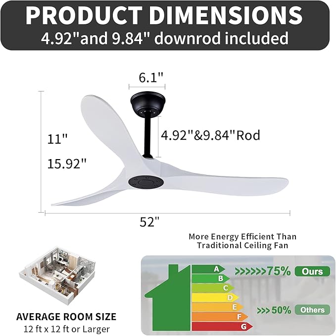 Bigzone 52" Outdoor/Indoor Ceiling Fan With Remote Control, DC Motor Quiet Energy Saving,3 White Balsa Wood Blades,Wood Ceiling Fan With Reversible Blades