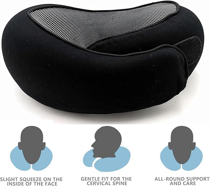 2024 Memory Foam Neck Pillow 360 Degree Neck Support Travel Pillows for Airplanes and Long Flight Travel Neck Pillow (Black)