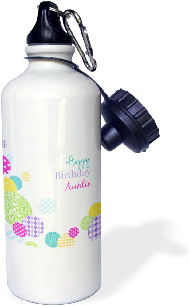 3dRose Happy Birthday Auntie-Modern Colorful Dots Pattern On White for Aunt Sports Water Bottle, 21Oz, Multicolored