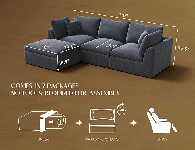 110 Inch Cloud Sectional Couches for Living Room, Convertible L Shaped Couch with Ottoman, 3 Seater Modular Sectional Sofa, Grey