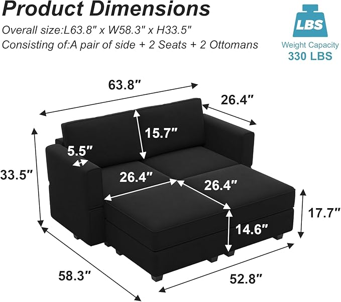 Belffin Modular Sectional Sofa with Reversible Chaise L Shaped Couch with Ottoman Modular Sofa Couch with Storage Black