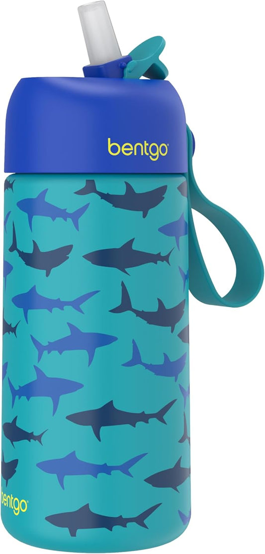 Bentgo® Kids Stainless Steel Insulated Water Bottle - Leak-Proof; Keeps Cool for 12 Hours; Durable, BPA-Free, Dishwasher Safe 14 oz. Cup for Ages 3+ for School/Sports/Daycare (Sharks)