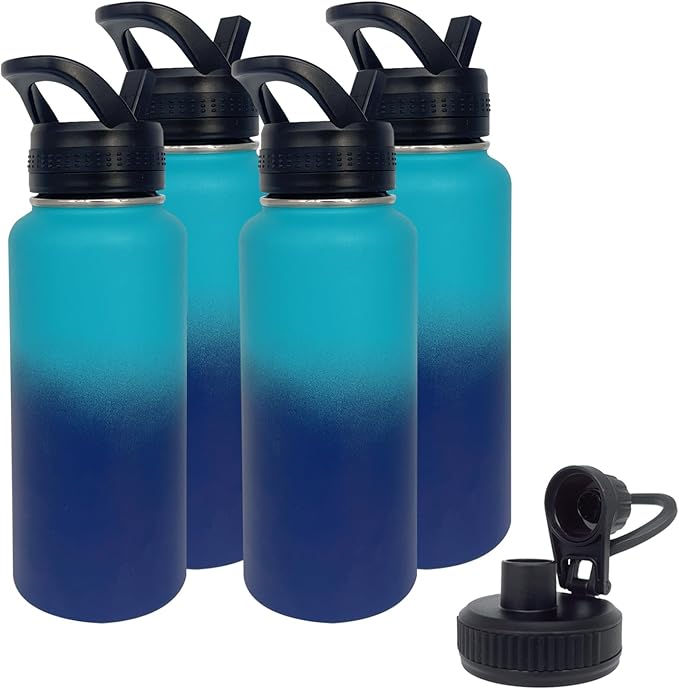 4pack 32 oz Insulated Water Bottle With Straw, Stainless Steel Sports Water Cup Flask with 2 Lids, Wide Mouth Travel Thermal Mug,Blue gradient