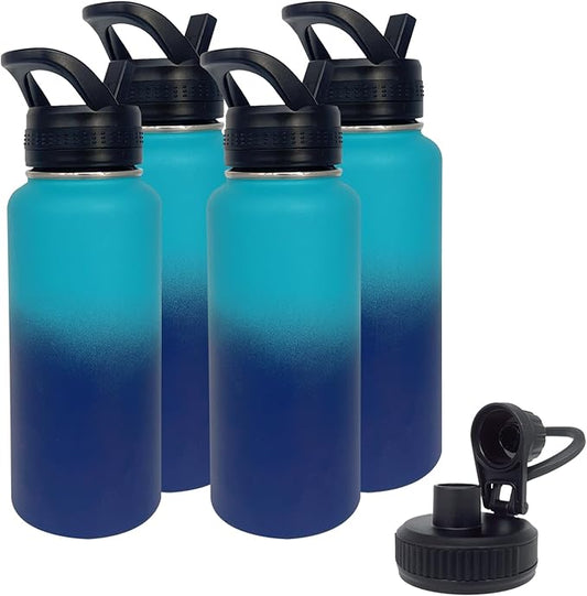 4pack 32 oz Insulated Water Bottle With Straw, Stainless Steel Sports Water Cup Flask with 2 Lids, Wide Mouth Travel Thermal Mug,Blue gradient
