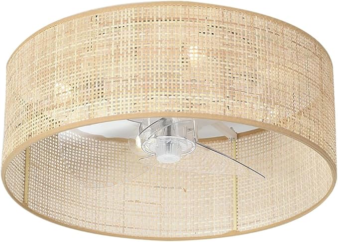 Bamboo Small DC Ceiling Fan with Light Fixture and Remote Control,Boho Enclosed Wicker Caged Flush Mount Rattan Cage Drum Low Profile Fandelier for Kitchen Nursery Bedroom Indoor Office Dining Room