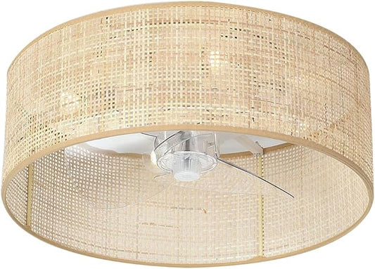 Bamboo Small DC Ceiling Fan with Light Fixture and Remote Control,Boho Enclosed Wicker Caged Flush Mount Rattan Cage Drum Low Profile Fandelier for Kitchen Nursery Bedroom Indoor Office Dining Room