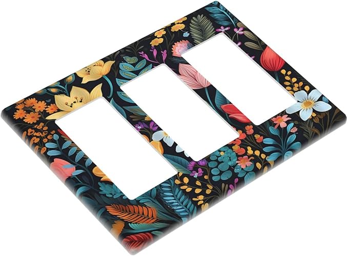Boho Floral Vintage Flower Leaves Rustic Wildflower Plants 3 Gang Rocker Light Switch Covers Triple Outlet Wall Plate Decorative Switchplate Cover Faceplate GFCI for Country Bathroom Bedroom Kitchen
