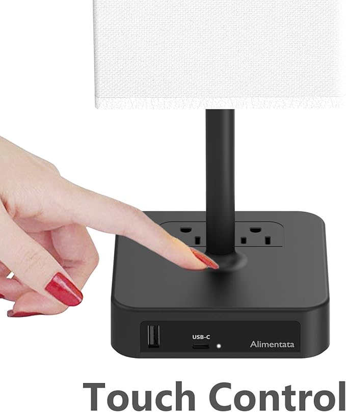 Bedside Table Lamp with Touch Control & USB C+A Charging Ports LED Desk Lamp with 2 AC Outlets, Minimalist Nightstand Light with Black Fabric Shade for Bedroom, Living Room, Office, White