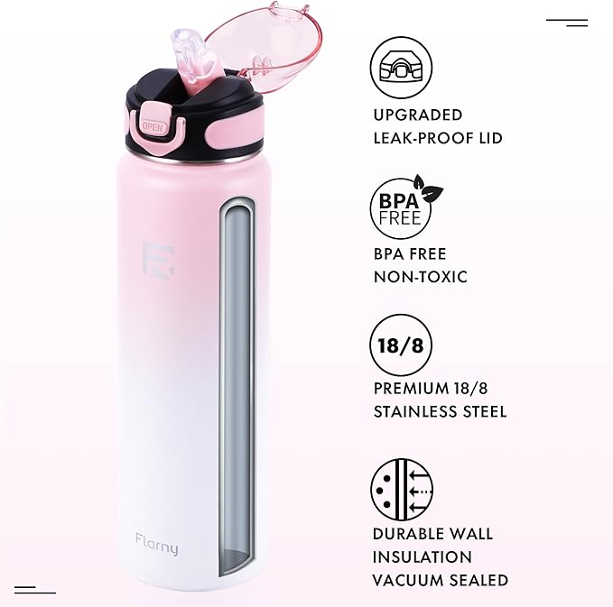 32 oz Insulated Water Bottle with Straw, Stainless Steel Metal Thermos Bottles, Durable Non-Slip Gradient Bottle with Strap for Sports and Travel, Leak Proof (Pink White)
