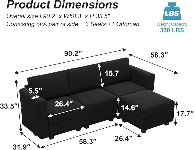 Belffin Modern L Shaped Velvet Sectional Sofa with Chaise, Black, Storage, Adjustable Arm/Backrest