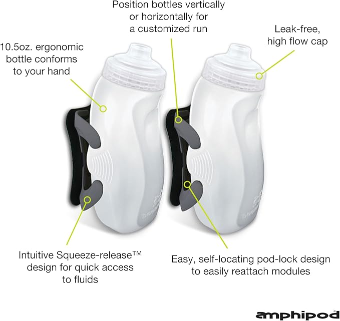 Amphipod RunLite Xtech Hydration System, Dual 10.5 oz Hydraform Water Bottles for Running, Marathons & Endurance Training (Jett-Squeeze Cap) - Clear/Charcoal - 2 x 10.5 oz