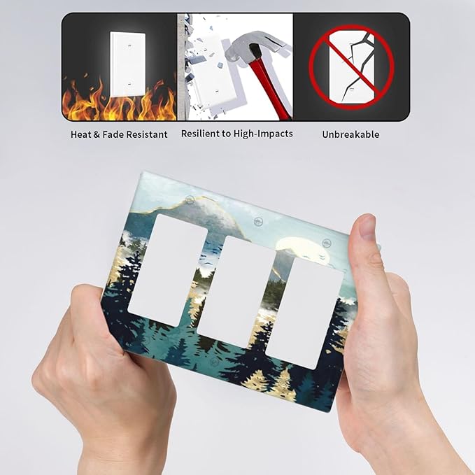 Boho Mountain Forest Abstract Sunset Sunrise Sun 3 Gang Rocker Light Switch Covers Triple Outlet Wall Plate Decorative Switchplate Cover Faceplate GFCI for Country Bathroom Bedroom Decor