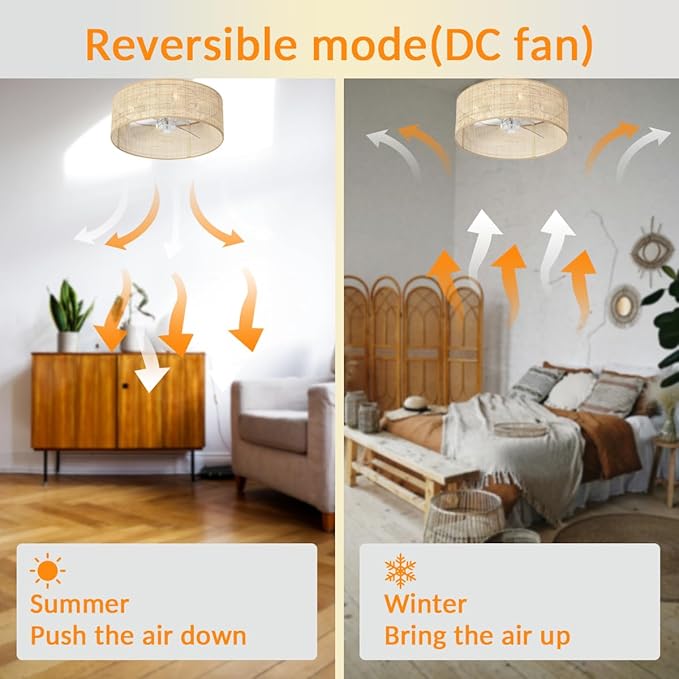 Bamboo Small DC Ceiling Fan with Light Fixture and Remote Control,Boho Enclosed Wicker Caged Flush Mount Rattan Cage Drum Low Profile Fandelier for Kitchen Nursery Bedroom Indoor Office Dining Room