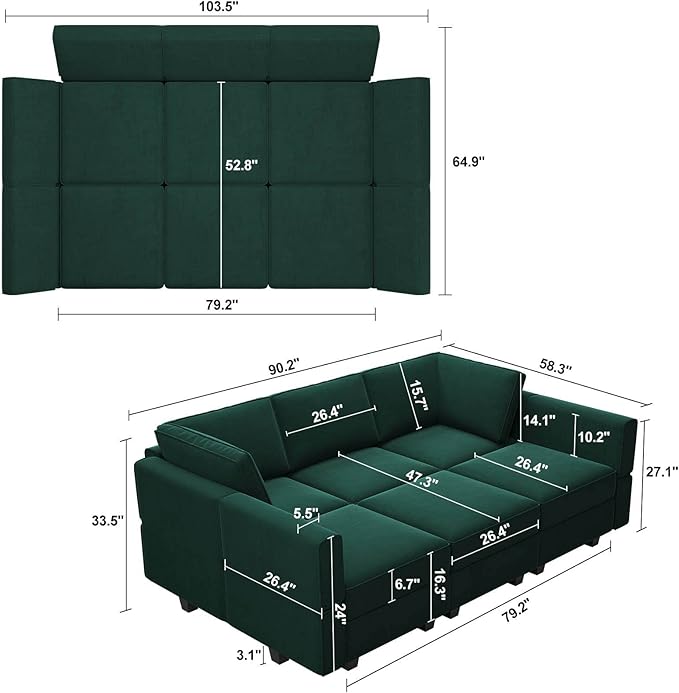 Belffin Modular Velvet Sectional Sofa with Chaise Lounge Sectional Sleeper Sofa with Storage Chaise Bed Couch for Living Room Green