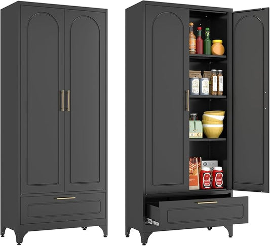 Black Pantry Kitchen Cabinet with Drawer, 75 Inch Metal Storage Cabinet with Doors and Shelves, Steel Food Pantries, Large Freestanding Cupboard for Living&Dining Room-Assemble Required