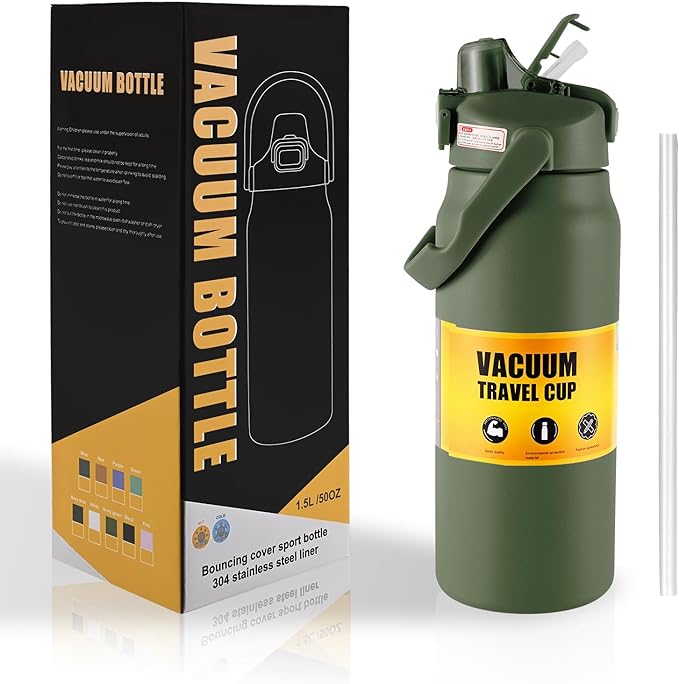 50oz/1.5L Insulated Sports Water Bottle, Stainless Steel Double Wall Water Jug with Handle, 2-in-1 Chug Spout and Straw Lid with Lock Cover for School, Outdoor, Sports & Travel, Army Green