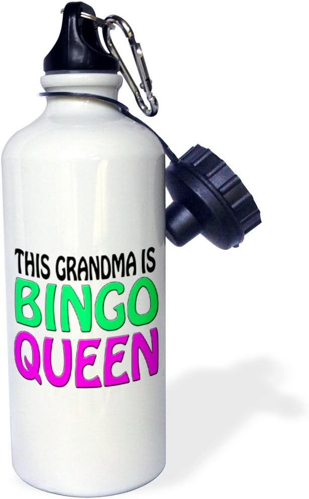 3dRose "This grandma is bingo queen, Hot pink, Lime green, " Sports Water Bottle, 21 oz, White