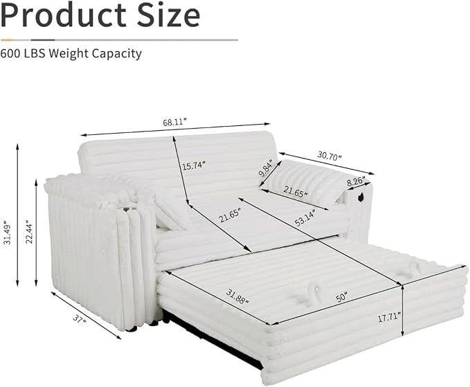 57-Inch Velvet Full Size Sleeper Sofa Couch with Pullout Bed,Convertible Pull Out with Golden Decorative Strip and Adjustable Backrest for Small Spaces,Apartment, Guest Room, RV (1109White)