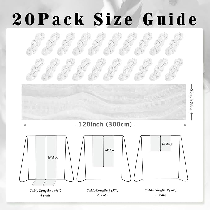10FT 20 Pack White Cheesecloth Table Runner 20 x 120 Inch Long Rustic Gauze Cheese Cloth Table Runner for Wedding Bridal Baby Shower Table Decorations Boho Fabric Sheer Birthday Party Table Decor