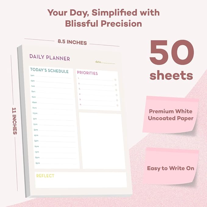 Bliss Collections Daily Planning Pad, To Do List Notebook - Undated Tear-Off Sheets Notepad - Work Calendar, Organizer, Scheduler for Goals, Tasks - Daily Planner (Bright), 8.5" x 11", 50 Sheets